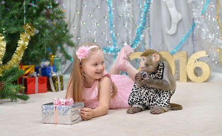 greeting new year card with monkey, well-dressed girl and giftsの写真素材