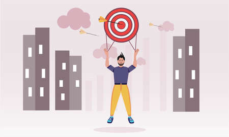 A male person is flying in a targeting balloon. Arrows fly right on target. business goals concept....