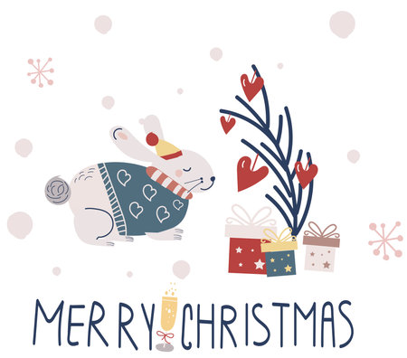 new year set of merry christmas illustrations, snowman and fir tree, hare and champagneのイラスト素材