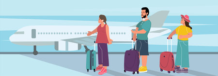 Flat illustration People men and women traveling with suitcases waiting for the planeのイラスト素材