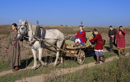 Participants of historical reconstruction of a campaign of Dmitry Donsky on a Kulikovo field. Historical reconstruction of a campaign of prince Dmitry Donsky from Kolomna on a Kulikovo field. The action did in honor of 630 years from the date of Kulikovskのeditorial素材