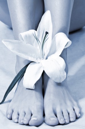 Female feet in Spa centre and flower. の写真素材