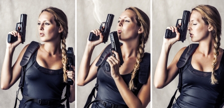 Collage of three  woman holding two hand gun