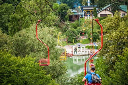 NALCHIK, RUSSIA - July 03: Cable car funicular from the mountain Kizilovka to the lake in Atazhukinsky garden in July 03, 2015 in Nalchik.のeditorial素材