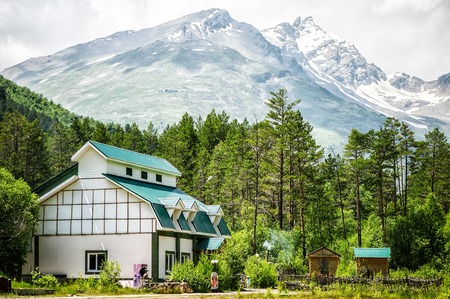 ELBRUS REGION - July 10: Cafe on glade of Narzan in mountains of North Caucasus, Kabardino-Balkar Republic in July 10, 2015 in Glade of Narzan, Elbrus region, Russiaのeditorial素材