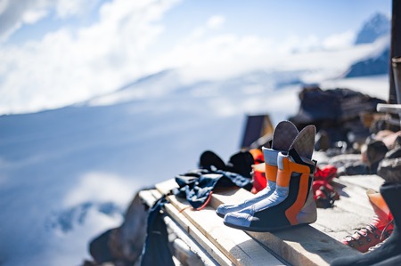 Drying shoes climbers after climbing outside the sun and airの写真素材