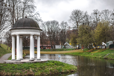 KALININGRAD, RUSSIA - APRIL 07, 2017: Old name of city is Koenigsberg. The center of Kaliningrad city in touristic place near upper pondのeditorial素材