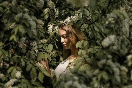 macro Portrait of a beautiful girl among spring foliage and flowers bird cherryの写真素材