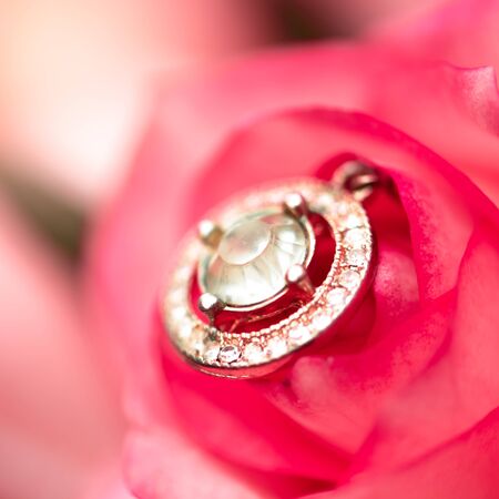 Defocus texture Valentine's Day background with diamond suspension into a pink roseの写真素材