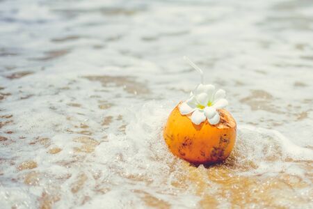 Fresh young orange coconut with a tube for drinks and Plumeria flowers in a tropical resort into the ocean wavesの写真素材