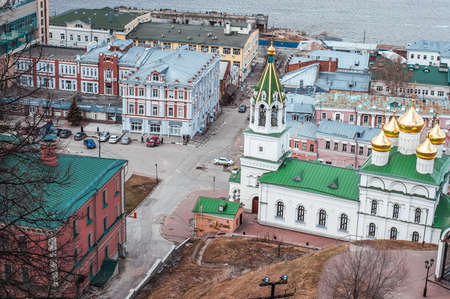 NIZHNY NOVGOROD, RUSSIA - APRIL, 23, 2017: The Baptist Church, Alexander Chapel, gatehouse, Bed and Breakfast N.A. Bugrov and unity square in Nizhny Novgorodのeditorial素材