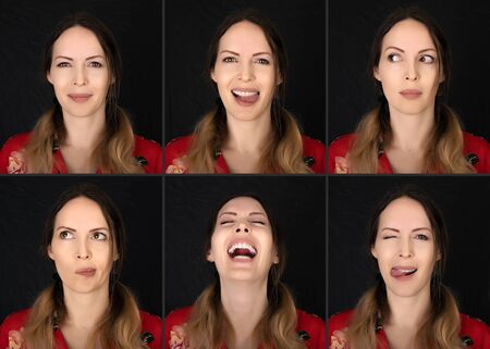 Actor Emotion Card. Collage of Young adult woman with various expressions positive six emotions. Smile, surprise, coquetry, thinking, laughterの写真素材