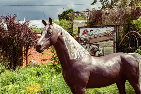 KOLOMNA, RUSSIA - MAY, 28, 2021: The courtyard of the Kolomna Kremlin for tourists. Contemporary Art Statue of Horse in Kolomna, Russian Federationのeditorial素材