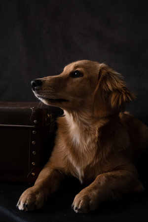 Silhouette of a red long-haired dog, similar to a dachshund, next to a suitcase, on a black background indoors in the studioの写真素材