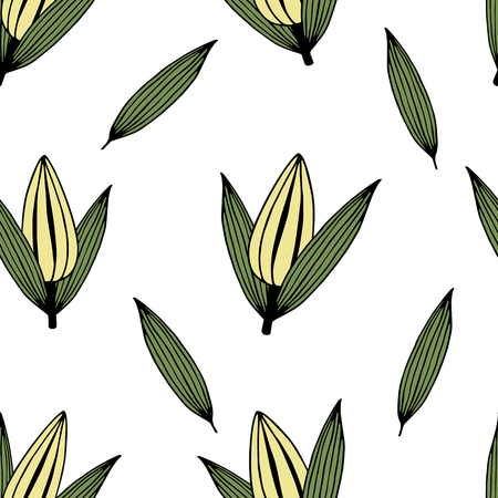 Yellow buds with green leaves isolated seamless patternのイラスト素材