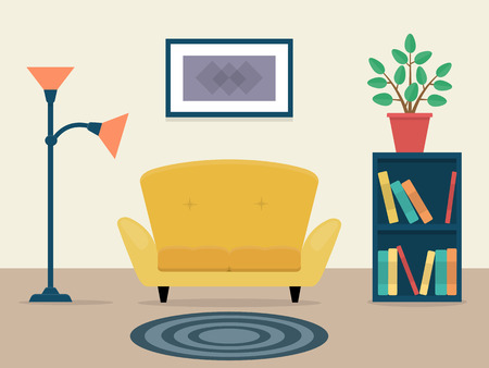 Vector illustration of a cozy living room. Flat design furniture, books and plant. Cartoon interior.のイラスト素材