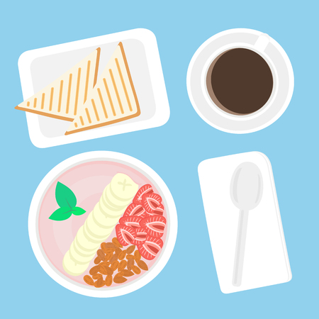 Vector flat illustration of vegan breakfast strawberry / banana / almond / mint smoothie bowl, roasted toast and black coffee.のイラスト素材
