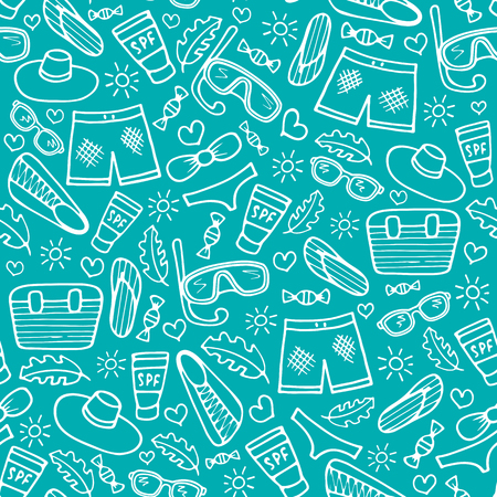 Vector set of doodle hand drawn icons - beach accesses, summer activities and vacation collection.のイラスト素材