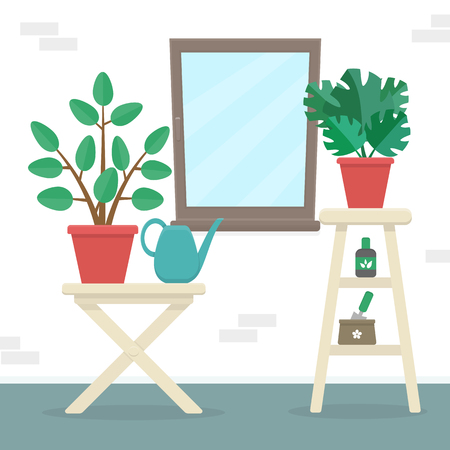 Vector illustration of home greenery. Houseplants on pedestals with garden tools and plant fertilizers.のイラスト素材