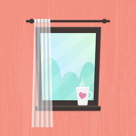 Vector illustration of window view on the park. Cup with hot drink on the window sill.のイラスト素材