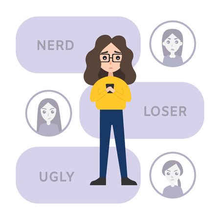 Cyber bulling vector concept. Sad teen girl reading mean comments on her phone. Mean comments as the background. EPS 10のイラスト素材