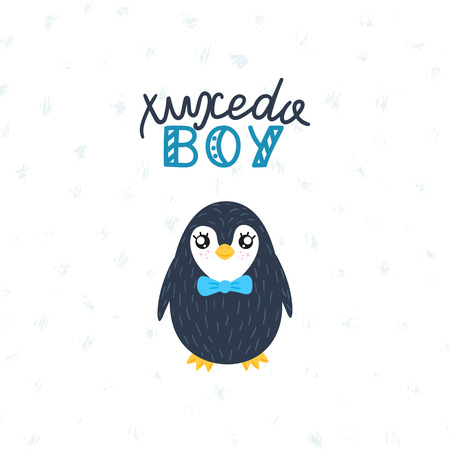 Cute little penguin with bow tie. Tuxedo boy lettering. Sweet childish design for posters, banners, prints and nursery decor. Vector eps 10のイラスト素材