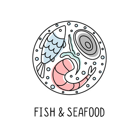 Fish and seafood linear circle icon set. Fish, shrimp and oyster line art color fill icons. Fish and seafood lettering. Vector EPS10のイラスト素材