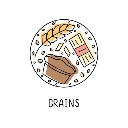 Grains linear circle icon set. Bread, ear of wheat and spaghetti line art color fill icons. Grains lettering. Vector EPS10のイラスト素材