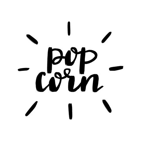 Popcorn lettering  in hand sketched style. Hand drawn popcorn sign for  badges, banners, posters. Modern brush calligraphy.のイラスト素材