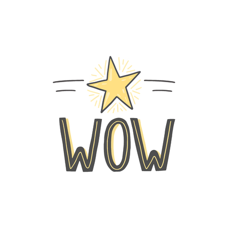 Wow hand sketched lettering sign as print for posters, cards, mugs, clothes and other. Wow doodle sticker. Vector illustration eps 10のイラスト素材