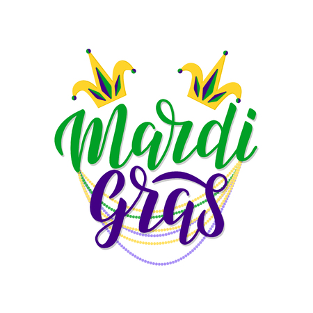 Mardi Gras lettering   decorated by two foolscap and traditional beads. Mardi Gras typography lettering poster.のイラスト素材