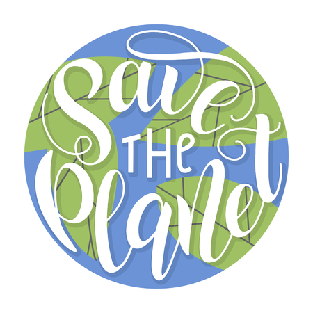 Save the planet lettering on illustration of earth globe. Vector concept of happy earth day. letterring in circle. Ecology lettering poster. Eps 10のイラスト素材