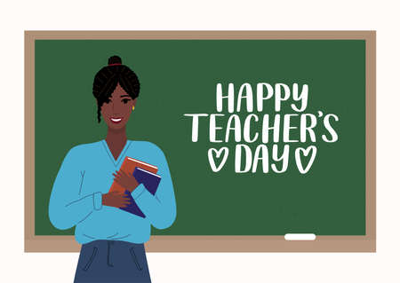Happy Teachers day vector concept. Young african american woman teacher standing smiling with books in her hands next to chalkboard with Happy Teachers day lettering on it. Vector illustrationのイラスト素材