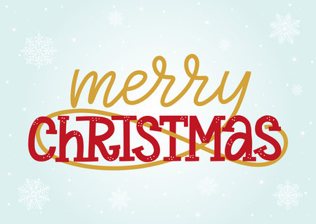 Merry Christmas modern typography on shiny snow and snowflakes background. Christmas lettering on festive snow background. Vector illustrationのイラスト素材