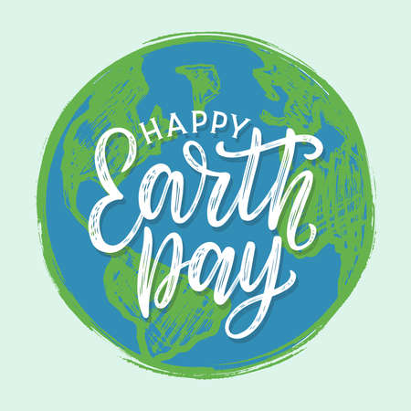 Happy Earth day typography poster as card, poster, banner. Earth day lettering on hand drawn illustration of planet Earth.のイラスト素材