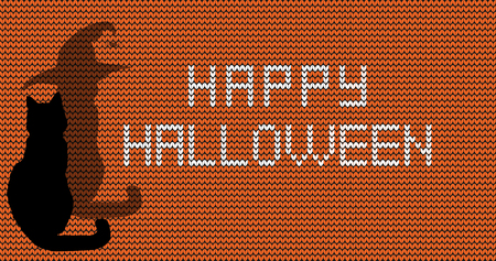 Happy halloween vector illustration or banner with black silhouette of cat and his shadow in witch hatのイラスト素材