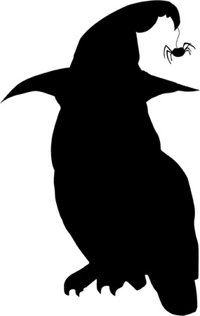 Black silhouette of owl in witch hat isolated on white background.のイラスト素材