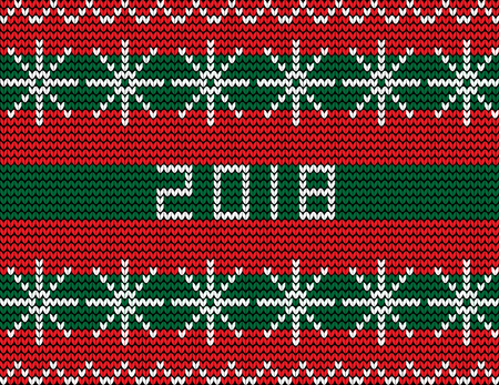 Knitting seamless new year pattern with snow flakes ornament and numeral 2018 on striped red and green knitted background.のイラスト素材