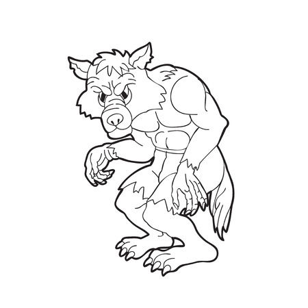 Cartoon werewolf outline silouette isolated on white background. Vector illustration, icon, clip art.のイラスト素材