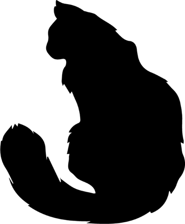 Black silhouette of fluffy cat sitting back half-turned isolated on white background. Vector illustration, icon, clip art.のイラスト素材