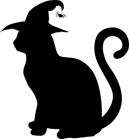 Black silhouette of cat in witch hat sitting sideways isolated on white background. Vector illustration, icon, clip art.のイラスト素材