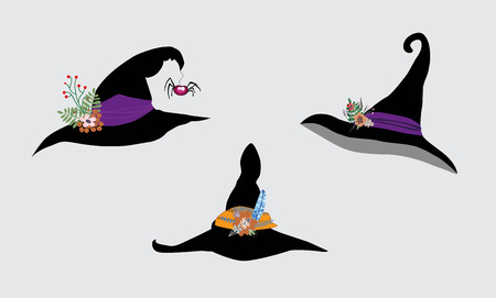 Illustration of witch hat decorated with flowers and spider.
