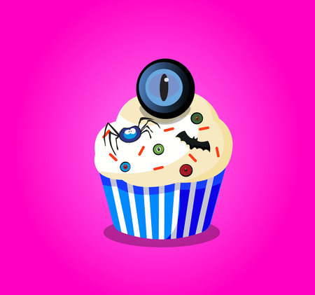 Cute happy halloween cupcake with spider, monster eyes and bat  isolated on purple background. Vector illustration, icon, clip art.のイラスト素材