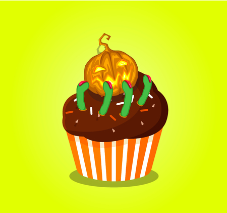 Cute happy halloween cupcake with pumpkin jack and scary green fingers with claws  isolated on yellow background. Vector illustration, icon, clip art.のイラスト素材