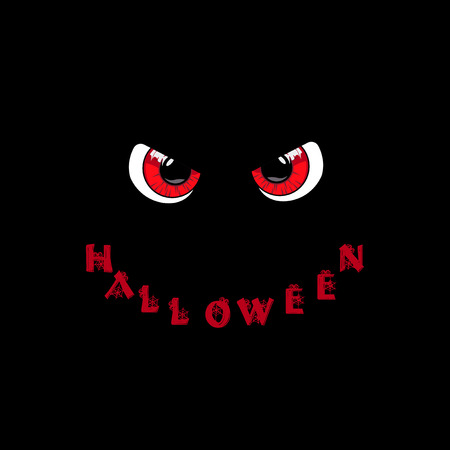 Halloween card. Red predatory monster eyes and word halloween in shape of smile on black background. Vector illustration.のイラスト素材