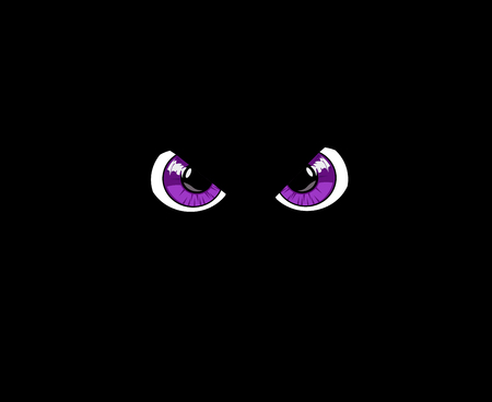 Violet predatory monster eyes isolated on black background. Vector illustration, clip art.のイラスト素材