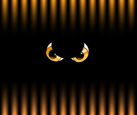 Yellow angry monster eyes on black and yellow gradation striped pattern background. Vector illustration, poster, banner.のイラスト素材