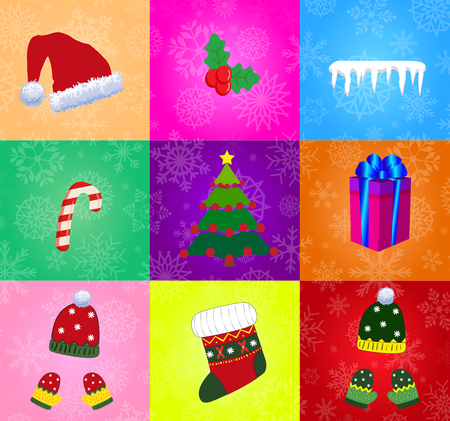 Set of christmas accessories on multicolored design illustration.のイラスト素材