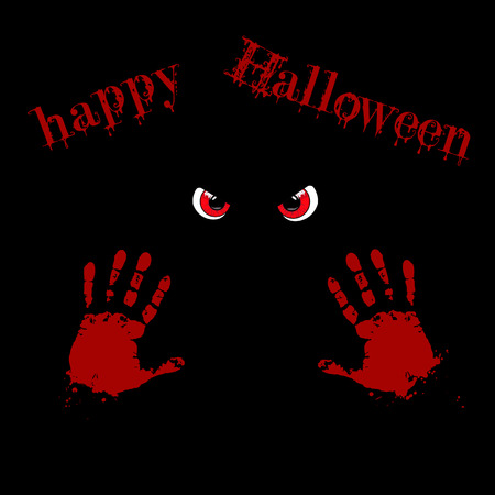 Bloody hand prints and red monster eyes on black background with happy halloween text. Vector illustration, card, invitation.のイラスト素材