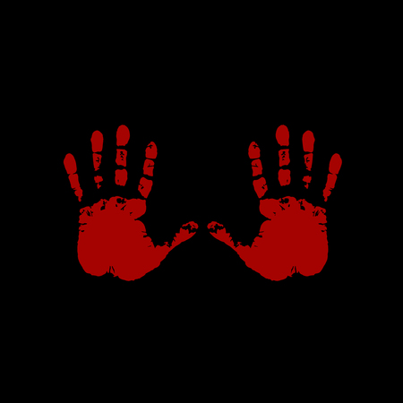 Bloody hand prints on black background. Vector illustration, icon, clip art.のイラスト素材
